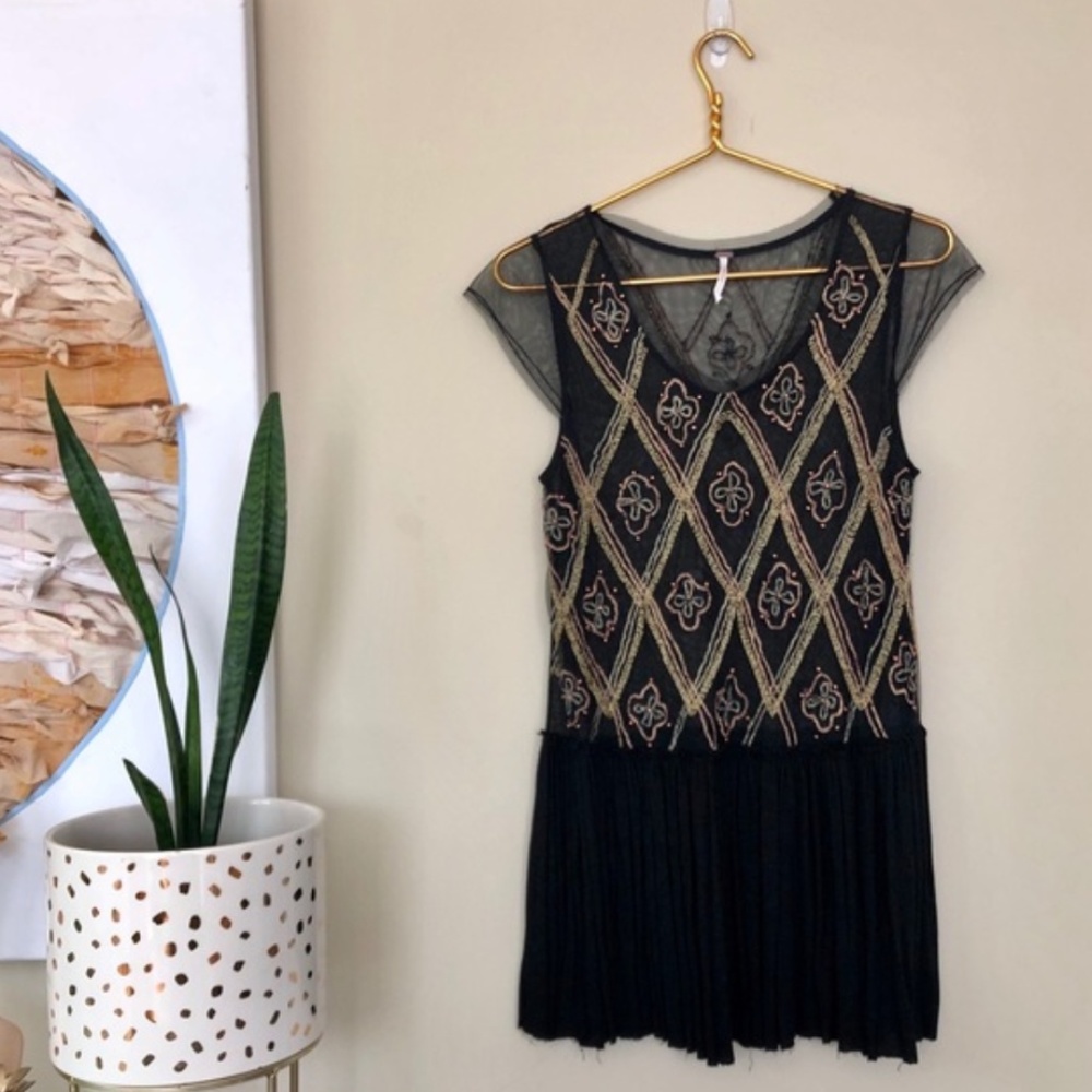 Free People Black Short Embellished Peplum Shirt M